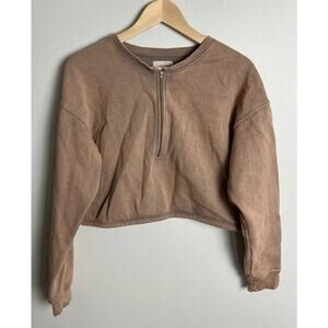 Urban Outfitters Cropped Zip Sweatshirt Brown Fleece Lined Minimalist Size Med